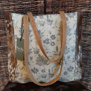 Myra Cowhide Floral Tote Bag - Gray and Brown